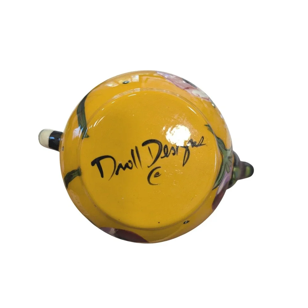 Droll Designs Hand Painted Floral Ceramic Teapot Yellow Striped Handle Whimsical